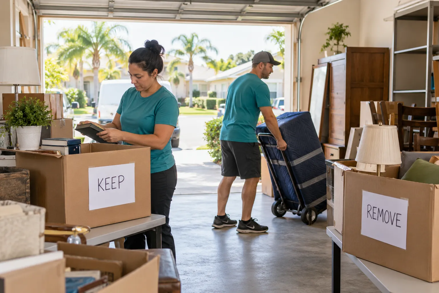 Cleanout crew preparing pre-move cleanout items for removal